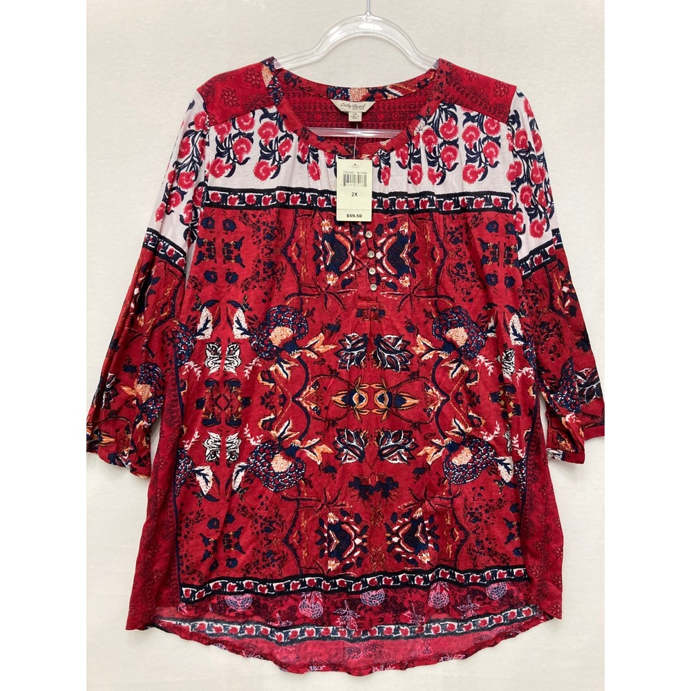New Lucky Brand Top 2X Red Boho Floral Henley Cotton Knit Peasant Blouse